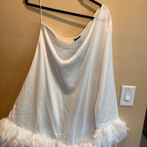 Boohoo White One Shoulder Dress with Feather Trim